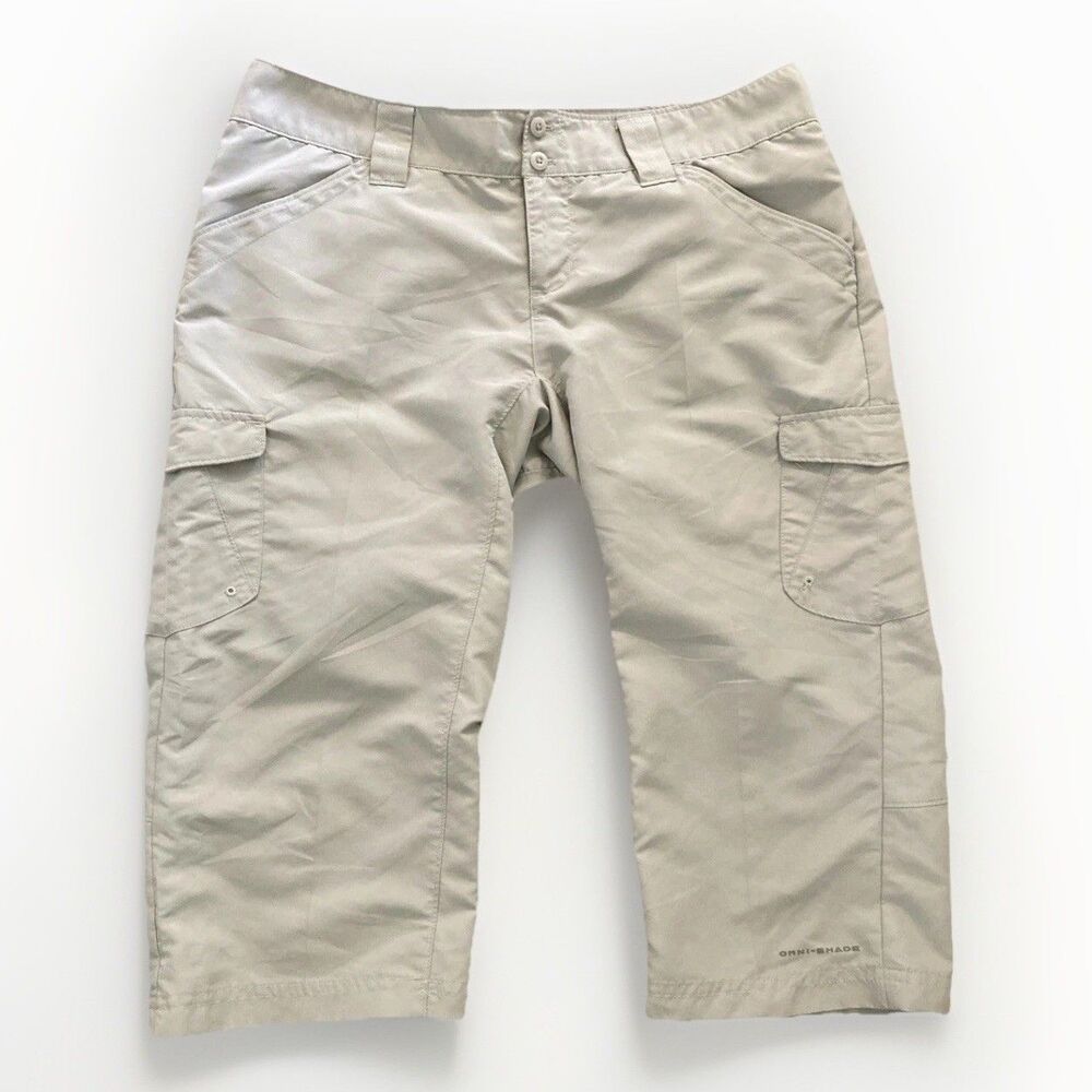 Columbia Womens S Khaki Omni-Shade Cargo Capri Pants Lightweight Hiking Gorpcore